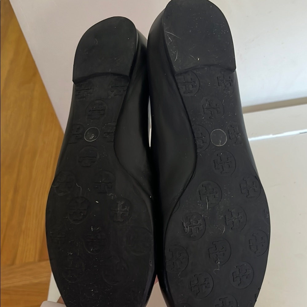 Tory Burch Black Leather Ballet Flats with Gold Logo Medallions - Picture 4 of 8